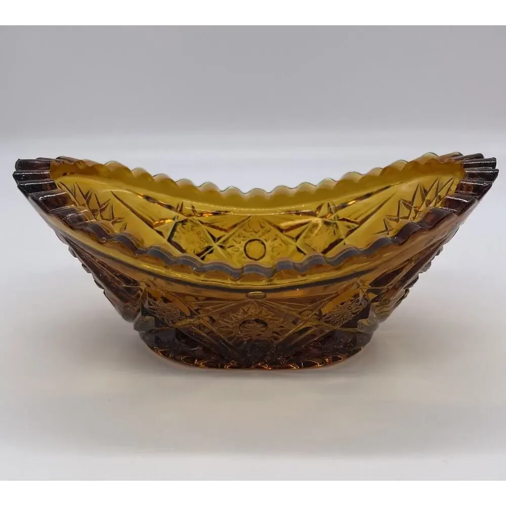 L.E. Smith Small Amber Cut Glass Star Pattern Oval Dish Vintage